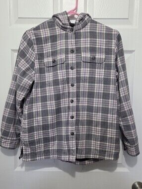 L.L. Bean Hooded Plaid Flannel Shirt Jacket Fleece Lined Gray Purple XSP X-Small